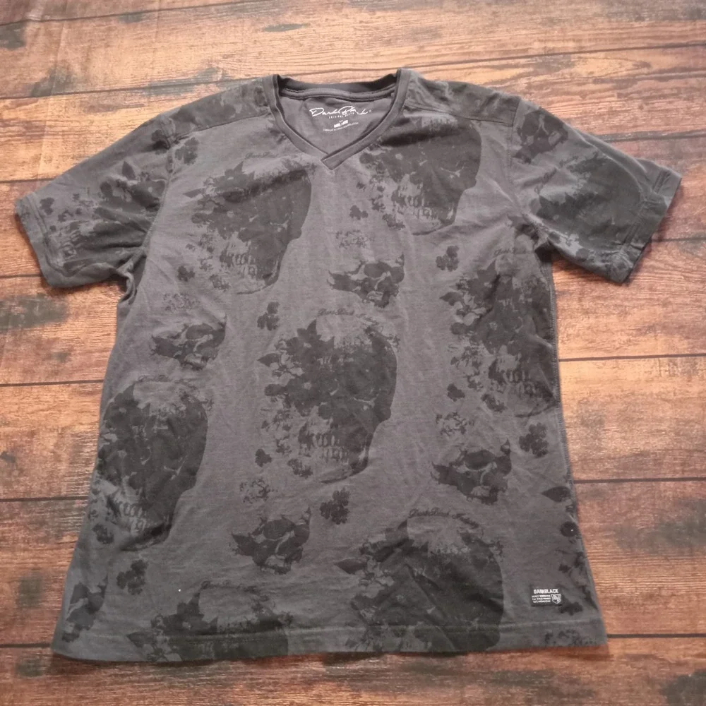 Dark Black Heavy Denim Skull Print Short Sleeve V-Neck Shirt Men's XL Black